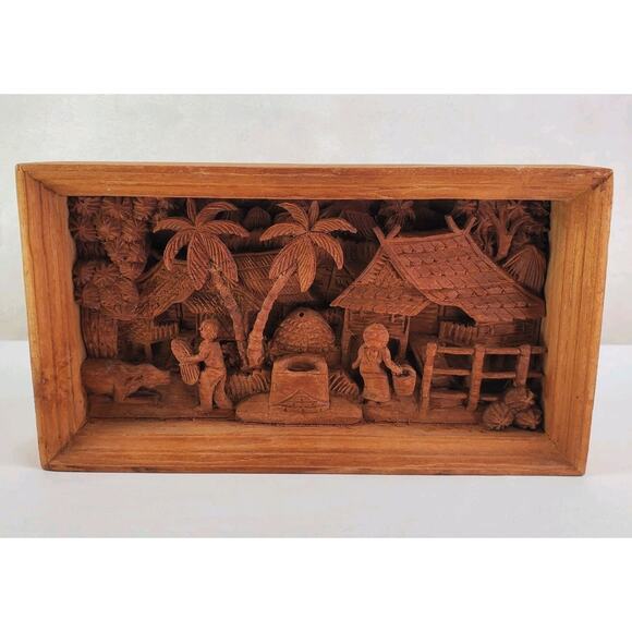 Hand Carved Teak Wood Asian Village Scene 3D Shadow Box 11.5 X 6.5" Hut Thailand - Picture 1 of 9